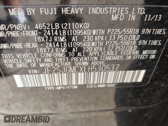 2014 Subaru Forester XT Touring z VIN JF2SJGMCXEH530537, wystawiony jako IAAI lot #43267826 z przebiegiem 102 917 mil mil oraz . Historia ofert i sprzedaży dostępna na DreamBid. Obrazek 9.