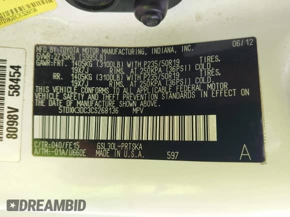 2012 Toyota Sienna SE with VIN 5TDXK3DC3CS268136, listed as a IAAI auction lot 42153110 with 248,887 mi miles and . Bid and sale history available at DreamBid. Image 9.
