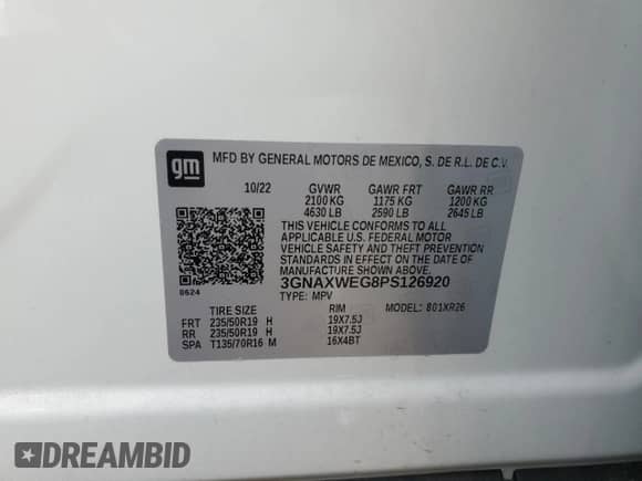 2023 Chevrolet Equinox RS с VIN 3GNAXWEG8PS126920, выставлен на аукционе Copart как лот 80941135 с пробегом 17 528 миль миль и Списание • Salvage title. История ставок и продаж доступна на DreamBid. Изображение 14.