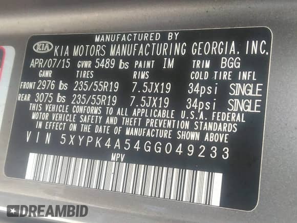 2016 Kia Sorento SXL with VIN 5XYPK4A54GG049233, listed as a IAAI auction lot 42271446 with 148,780 mi miles and . Bid and sale history available at DreamBid. Image 9.