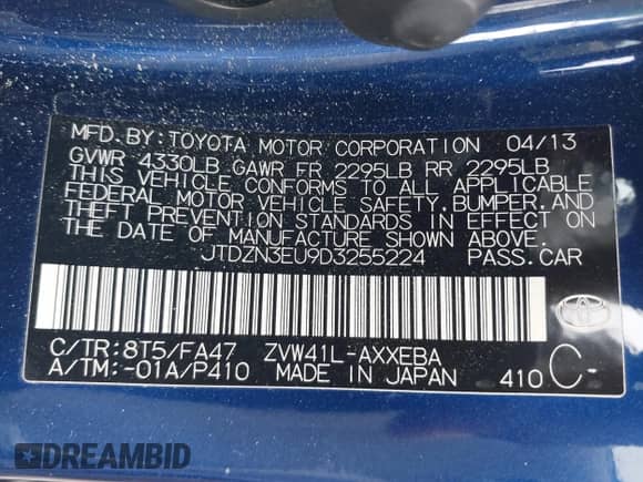 2013 Toyota Prius Two with VIN JTDZN3EU9D3255224, listed as a IAAI auction lot 39366158 with 86,083 mi miles and . Bid and sale history available at DreamBid. Image 9.