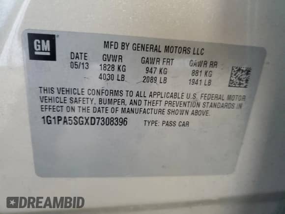 2013 Chevrolet Cruze LS с VIN 1G1PA5SGXD7308396, выставлен на аукционе Copart как лот 86844355 с пробегом 76 374 миль миль и Списание • Salvage title. История ставок и продаж доступна на DreamBid. Изображение 12.