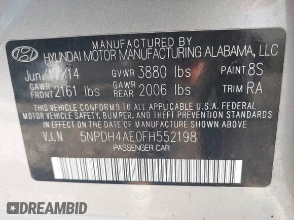 2015 Hyundai Elantra SE with VIN 5NPDH4AE0FH552198, listed as a IAAI auction lot 43324816 with 150,259 mi miles and . Bid and sale history available at DreamBid. Image 9.