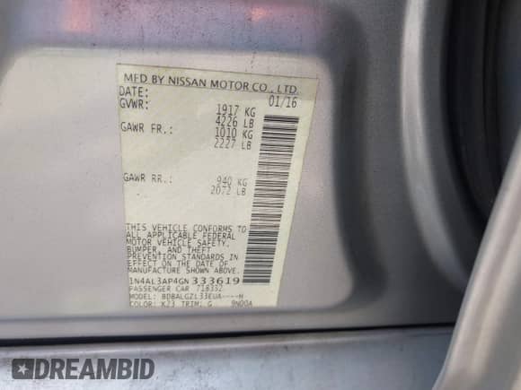 2016 Nissan Altima SR with VIN 1N4AL3AP4GN333619, listed as a IAAI auction lot 42751681 with 135,127 mi miles and . Bid and sale history available at DreamBid. Image 9.