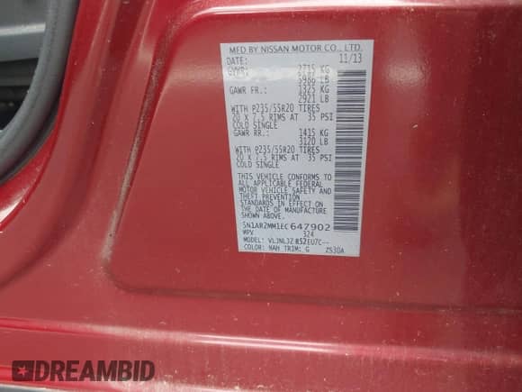 2014 Nissan Pathfinder SL with VIN 5N1AR2MM1EC647902, listed as a IAAI auction lot 42991948 with 130,712 mi miles and . Bid and sale history available at DreamBid. Image 9.