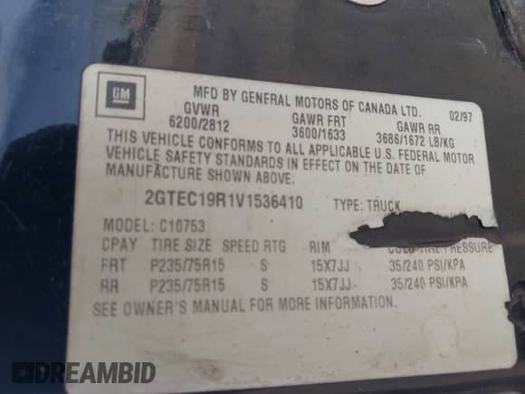 1997 GMC Sierra 1500 с VIN 2GTEC19R1V1536410, выставлен на аукционе IAAI как лот 43165730 с пробегом 219 056 миль миль и . История ставок и продаж доступна на DreamBid. Изображение 9.