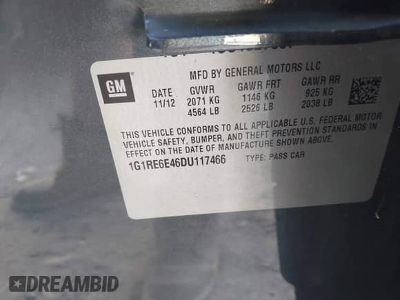 2013 Chevrolet Volt z VIN 1G1RE6E46DU117466, wystawiony jako IAAI lot #43422328 z przebiegiem 146 330 mil mil oraz . Historia ofert i sprzedaży dostępna na DreamBid. Obrazek 9.