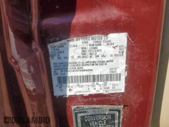 2007 Ford F-150 XLT с VIN 1FTPW14V57KB64254, выставлен на аукционе Copart как лот 82408155 с пробегом 188 468 миль миль и Списание • Salvage title. История ставок и продаж доступна на DreamBid. Изображение 12.