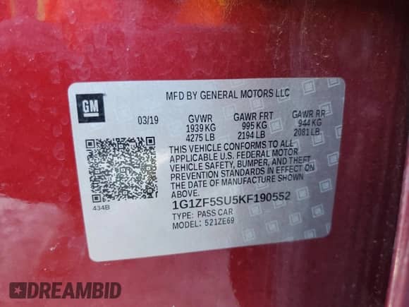 2019 Chevrolet Malibu Hybrid с VIN 1G1ZF5SU5KF190552, выставлен на аукционе Copart как лот 88723465 с пробегом 100 339 миль миль и Списание • Salvage title. История ставок и продаж доступна на DreamBid. Изображение 15.