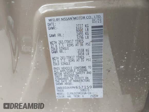 2023 Nissan Frontier SV z VIN 1N6ED1EK4PN657159, wystawiony jako IAAI lot #41607791 z przebiegiem 42 065 mil mil oraz . Historia ofert i sprzedaży dostępna na DreamBid. Obrazek 9.