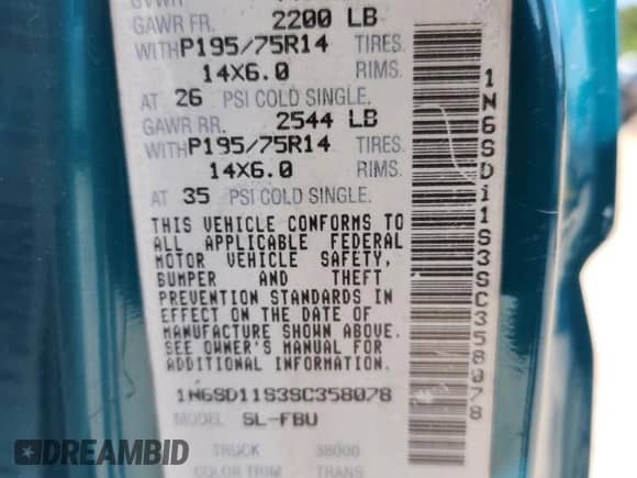 1995 Nissan Frontier with VIN 1N6SD11S3SC358078, listed as a Copart auction lot 71859815 with 118,833 mi miles and Salvage title. Bid and sale history available at DreamBid. Image 13.