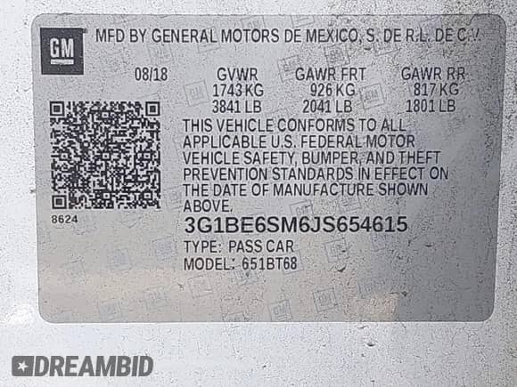 2018 Chevrolet Cruze LT with VIN 3G1BE6SM6JS654615, listed as a IAAI auction lot 43198859 with 283,596 mi miles and . Bid and sale history available at DreamBid. Image 9.