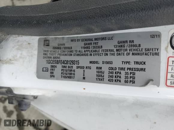 2012 Chevrolet Colorado Work Truck with VIN 1GCESBFE4C8129315, listed as a Copart auction lot 49639635 with 313,199 mi miles and Salvage title. Bid and sale history available at DreamBid. Image 12.