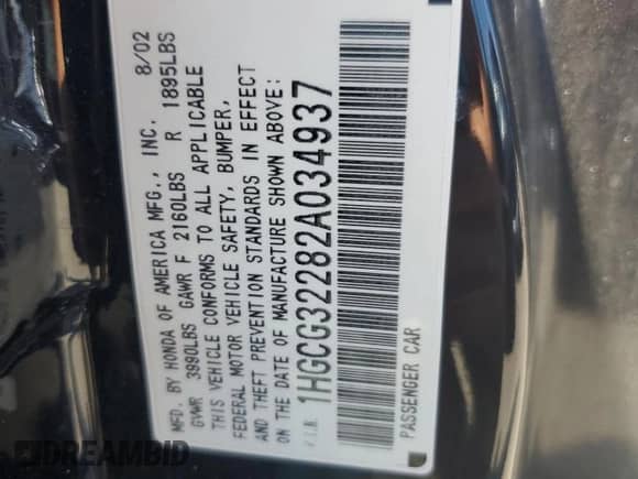 2002 Honda Accord with VIN 1HGCG32282A034937, listed as a Copart auction lot 61257094 with Not provided miles and Non repairable. Bid and sale history available at DreamBid. Image 12.