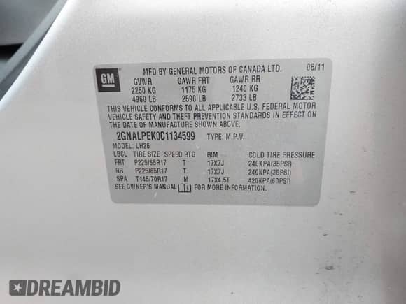 2012 Chevrolet Equinox 2LT with VIN 2GNALPEK0C1134599, listed as a IAAI auction lot 43340094 with 174,408 mi miles and . Bid and sale history available at DreamBid. Image 9.