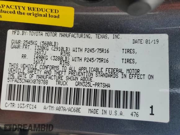 2019 Toyota Tacoma TRD Sport with VIN 5TFAZ5CN4KX078788, listed as a Copart auction lot 59543625 with 66,302 mi miles and Salvage title. Bid and sale history available at DreamBid. Image 12.
