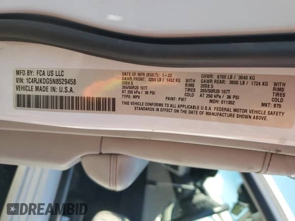 2022 Jeep Grand Cherokee Overland с VIN 1C4RJKDG5N8529458, выставлен на аукционе Copart как лот 70038515 с пробегом 53 718 миль миль и Списание • Salvage title. История ставок и продаж доступна на DreamBid. Изображение 13.