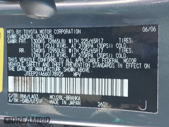 2006 Toyota Highlander w/3rd Row with VIN JTEEP21A660178925, listed as a IAAI auction lot 43284523 with 261,338 mi miles and . Bid and sale history available at DreamBid. Image 9.
