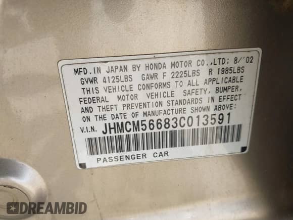 2003 Honda Accord EX with VIN JHMCM56683C013591, listed as a IAAI auction lot 42883936 with 199,776 mi miles and . Bid and sale history available at DreamBid. Image 9.