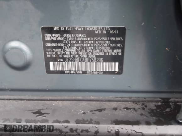 2011 Subaru Forester X Limited with VIN JF2SHBFC4BH758296, listed as a IAAI auction lot 43487404 with 193,167 mi miles and . Bid and sale history available at DreamBid. Image 9.