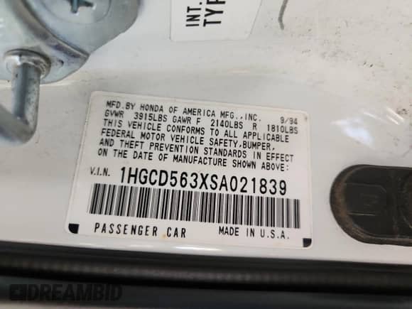 1995 Honda Accord LX z VIN 1HGCD563XSA021839, wystawiony jako Copart lot #65275475 z przebiegiem 152 067 mil mil oraz Szkoda całkowita • Salvage title. Historia ofert i sprzedaży dostępna na DreamBid. Obrazek 12.