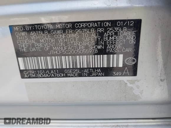 2012 Lexus IS 250 z VIN JTHCF5C20C5055978, wystawiony jako IAAI lot #42840235 z przebiegiem 151 555 mil mil oraz . Historia ofert i sprzedaży dostępna na DreamBid. Obrazek 9.