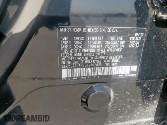 2022 Honda HR-V LX с VIN 3CZRU6H35NM702035, выставлен на аукционе Copart как лот 52125695 с пробегом Не указан миль и Списание • Salvage title. История ставок и продаж доступна на DreamBid. Изображение 13.