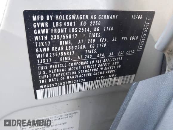 2009 Volkswagen Tiguan SE с VIN WVGBV75NX9W521370, выставлен на аукционе IAAI как лот 42569953 с пробегом 98 233 миль миль и . История ставок и продаж доступна на DreamBid. Изображение 9.