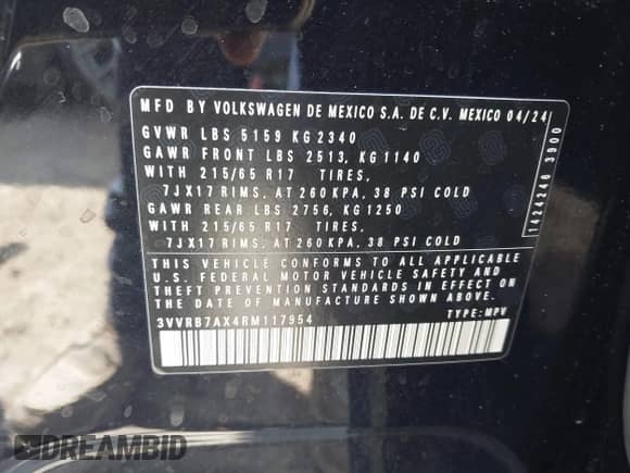 2024 Volkswagen Tiguan S с VIN 3VVRB7AX4RM117954, выставлен на аукционе IAAI как лот 42887194 с пробегом Не указан миль и . История ставок и продаж доступна на DreamBid. Изображение 9.