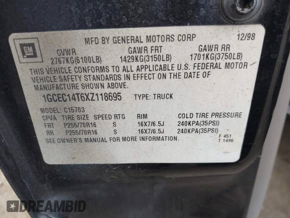 1999 Chevrolet Silverado 1500 LS with VIN 1GCEC14T6XZ118695, listed as a IAAI auction lot 43337880 with 235,407 mi miles and . Bid and sale history available at DreamBid. Image 9.