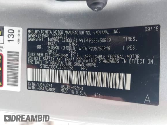 2020 Toyota Sienna SE z VIN 5TDXZ3DCXLS050058, wystawiony jako IAAI lot #41538623 z przebiegiem 120 245 mil mil oraz . Historia ofert i sprzedaży dostępna na DreamBid. Obrazek 9.