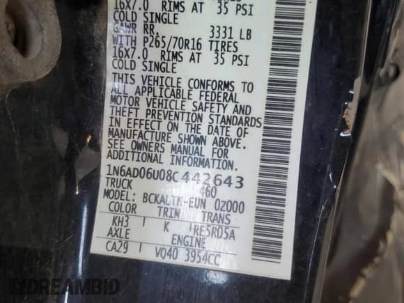 2008 Nissan Frontier SE with VIN 1N6AD06U08C442643, listed as a Copart auction lot 53752805 with 333,482 mi miles and Salvage title. Bid and sale history available at DreamBid. Image 12.