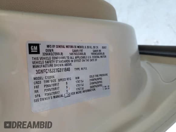 2007 Chevrolet Suburban LT with VIN 3GNFC16J27G311840, listed as a Copart auction lot 81799415 with 226,442 mi miles and Salvage title. Bid and sale history available at DreamBid. Image 13.