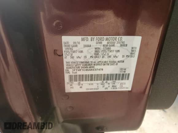 2010 Ford F-150 XL с VIN 1FTMF1C85AKE57478, выставлен на аукционе Copart как лот 82338555 с пробегом 132 598 миль миль и На запчасти • Non repairable. История ставок и продаж доступна на DreamBid. Изображение 12.