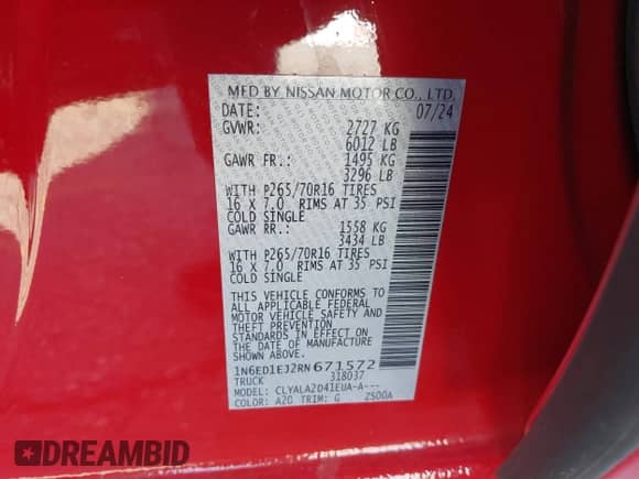 2024 Nissan Frontier SV with VIN 1N6ED1EJ2RN671572, listed as a IAAI auction lot 41411504 with 3,296 mi miles and . Bid and sale history available at DreamBid. Image 9.