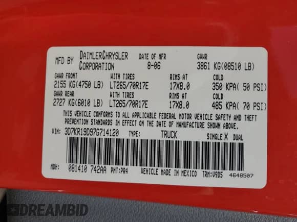 2007 Dodge 1500 SLT z VIN 3D7KR19D97G714120, wystawiony jako Copart lot #56861854 z przebiegiem 162 633 mil mil oraz Szkoda całkowita • Salvage title. Historia ofert i sprzedaży dostępna na DreamBid. Obrazek 12.