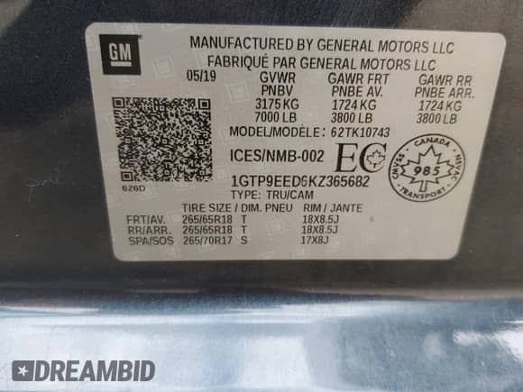 2019 GMC Sierra 1500 AT4 with VIN 1GTP9EED6KZ365682, listed as a Copart auction lot 61931675 with 107,144 mi miles and Salvage title. Bid and sale history available at DreamBid. Image 13.