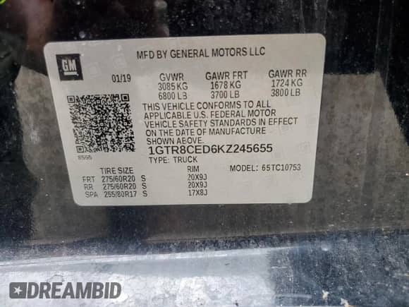 2019 GMC Sierra 1500 Elevation with VIN 1GTR8CED6KZ245655, listed as a Copart auction lot 62479985 with 121,235 mi miles and Clean title. Bid and sale history available at DreamBid. Image 12.
