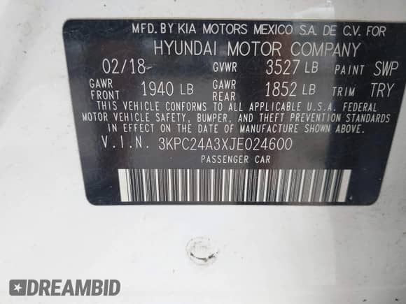 2018 Hyundai Accent SE with VIN 3KPC24A3XJE024600, listed as a IAAI auction lot 43139871 with 172,135 mi miles and . Bid and sale history available at DreamBid. Image 9.