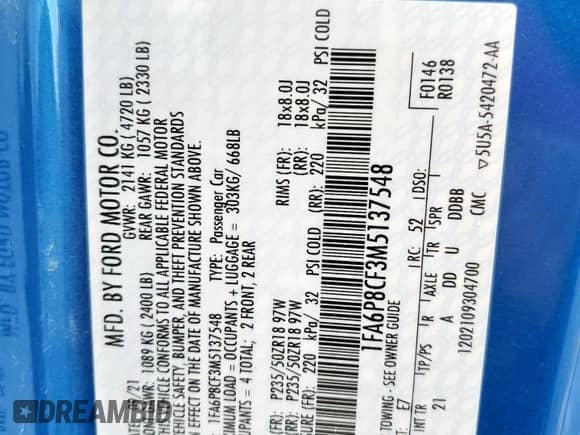 2021 Ford Mustang GT с VIN 1FA6P8CF3M5137548, выставлен на аукционе Copart как лот 80673955 с пробегом 53 274 миль миль и Списание • Salvage title. История ставок и продаж доступна на DreamBid. Изображение 12.