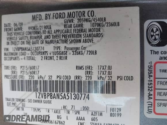 2010 Ford Mustang V6 with VIN 1ZVBP8AN5A5130774, listed as a IAAI auction lot 43333783 with 237,730 mi miles and . Bid and sale history available at DreamBid. Image 9.