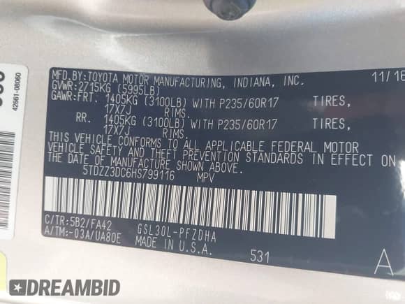 2017 Toyota Sienna L z VIN 5TDZZ3DC6HS799116, wystawiony jako IAAI lot #41977791 z przebiegiem 88 760 mil mil oraz . Historia ofert i sprzedaży dostępna na DreamBid. Obrazek 9.