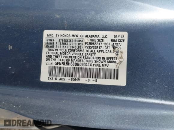 2013 Honda Odyssey EX-L с VIN 5FNRL5H68DB090414, выставлен на аукционе IAAI как лот 43497400 с пробегом 291 145 миль миль и . История ставок и продаж доступна на DreamBid. Изображение 9.