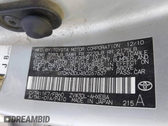 2011 Toyota Prius III with VIN JTDKN3DU4B0267637, listed as a IAAI auction lot 42907442 with 191,958 mi miles and . Bid and sale history available at DreamBid. Image 9.