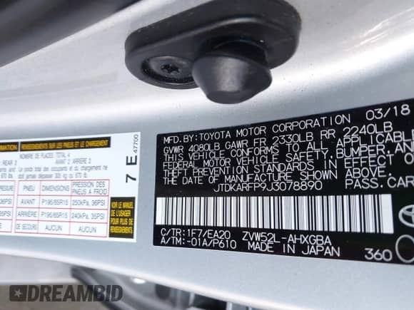 2018 Toyota Prius Plus z VIN JTDKARFP9J3078890, wystawiony jako IAAI lot #42617146 z przebiegiem 59 270 mil mil oraz . Historia ofert i sprzedaży dostępna na DreamBid. Obrazek 9.