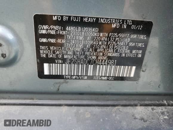 2012 Subaru Forester X Premium z VIN JF2SHADC7CH444981, wystawiony jako Copart lot #71629975 z przebiegiem 150 833 mil mil oraz Szkoda całkowita • Salvage title. Historia ofert i sprzedaży dostępna na DreamBid. Obrazek 12.