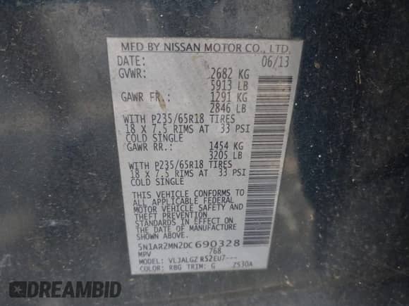 2013 Nissan Pathfinder Platinum with VIN 5N1AR2MN2DC690328, listed as a IAAI auction lot 42530830 with 315,474 mi miles and . Bid and sale history available at DreamBid. Image 9.