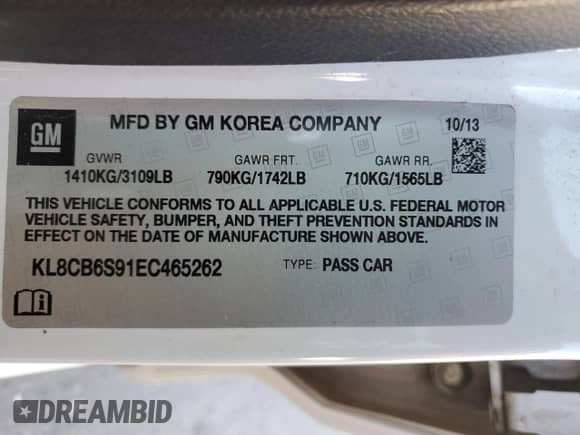 2014 Chevrolet Spark LS с VIN KL8CB6S91EC465262, выставлен на аукционе Copart как лот 90041385 с пробегом 95 468 миль миль и Чистый • Clean title. История ставок и продаж доступна на DreamBid. Изображение 12.