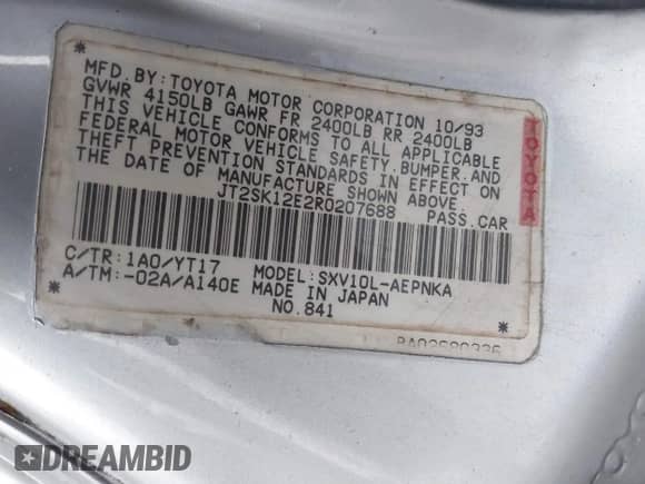 1994 Toyota Camry LE z VIN JT2SK12E2R0207688, wystawiony jako IAAI lot #41323827 z przebiegiem 162 680 mil mil oraz . Historia ofert i sprzedaży dostępna na DreamBid. Obrazek 9.