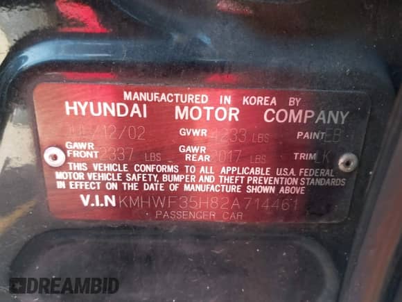 2002 Hyundai Sonata GLS z VIN KMHWF35H82A714461, wystawiony jako IAAI lot #42467513 z przebiegiem 208 360 mil mil oraz . Historia ofert i sprzedaży dostępna na DreamBid. Obrazek 9.